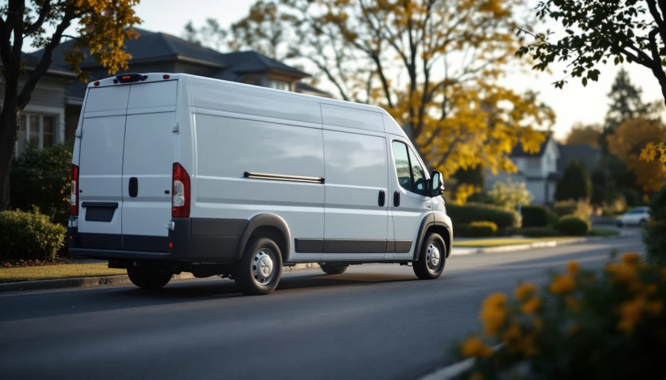 A plain unmarked white van parked in a suburban driveway