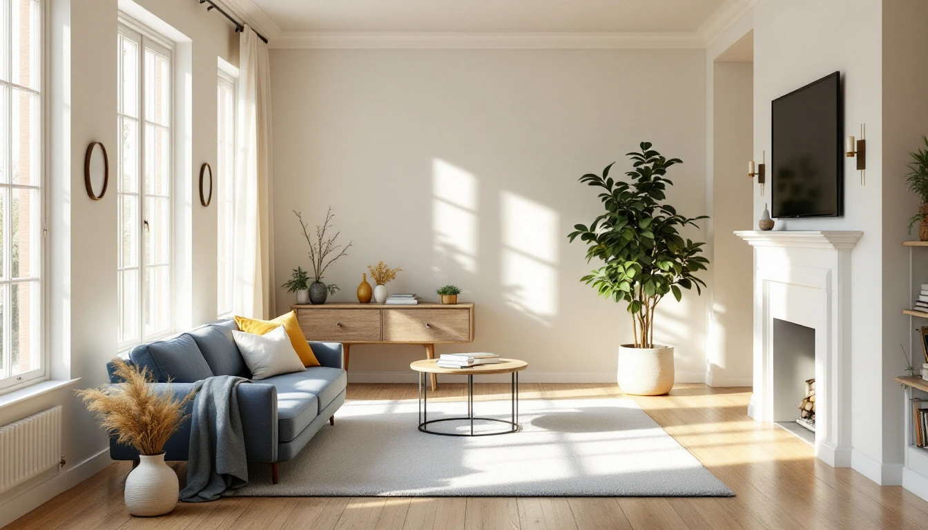 A bright, freshly restored living room with sunlight coming through open windows